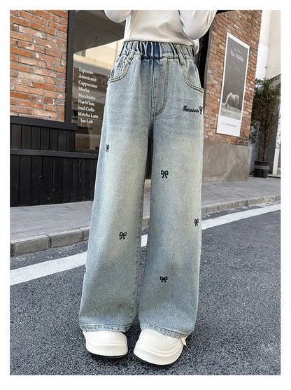 New 4-14 Years Spring Autumn Teenage Girls Jeans Full Print Bow Embroidery Fashion Wide-leg Denim Pants For Kids