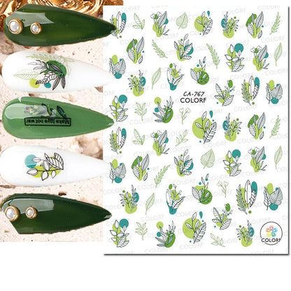 3d Nail Art Decals Watercolor Florals Purple Green Pink Flowers Leafs Fruit Adhesive Sliders Nail Stickers For Manicure