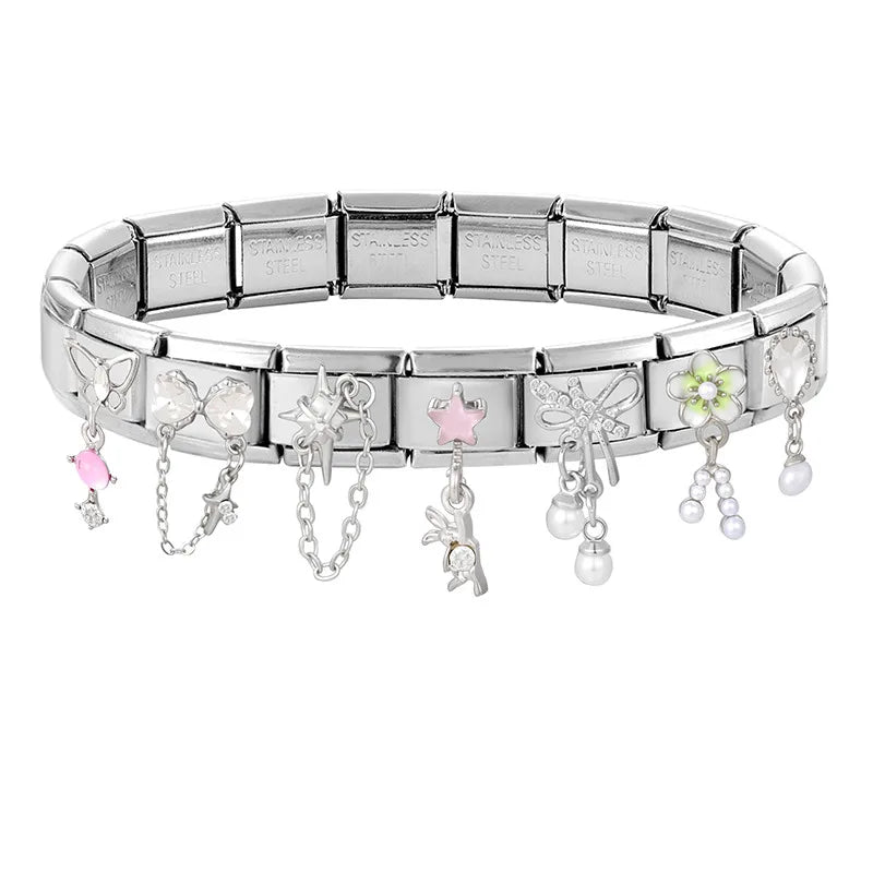 New Shiny Zircon Heart Butterfly Flower Star Bow Italian Charm Links Fit 9MM Stainless Steel Bracelet Girls' DIY Making Gift