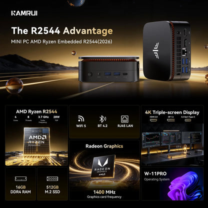 KAMRUI P1 AMD Ryzen R2544 8G RAM 256GB ROM Mini PC SSD Portable Gaming Mini PC Wifi5 BT4.2 4K Triple Display Window 11 Pro US Plug