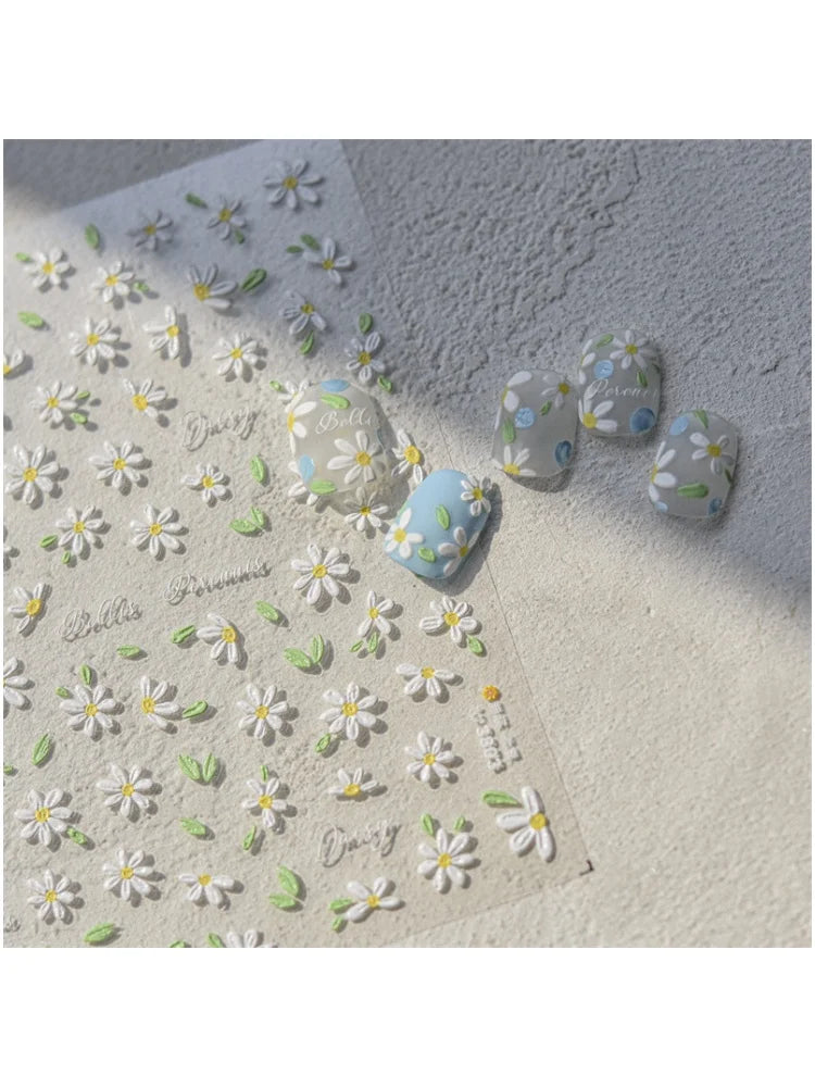 1Sheet 5D Soft Embossed Relief Nail Stickers Cute Daisies Self Adhesive Slider Stickers Press On Nails DIY Japanese Nail Art Dec