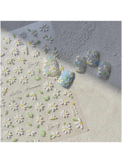 1Sheet 5D Soft Embossed Relief Nail Stickers Cute Daisies Self Adhesive Slider Stickers Press On Nails DIY Japanese Nail Art Dec