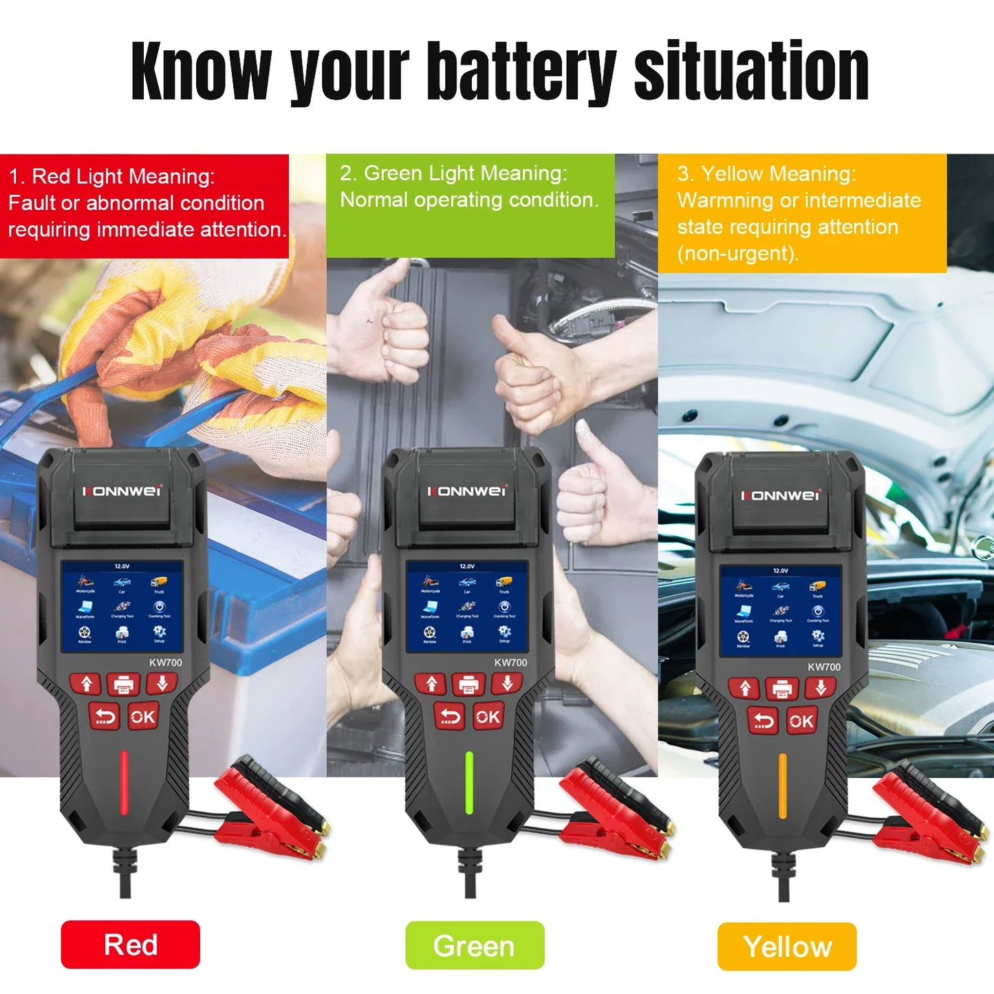 KONNWEI KW700 12/24V Car Truck Battery Tester 10-2000CCA With Printer Cranking Charging Test Tool Battery Analyzer Cranking Test