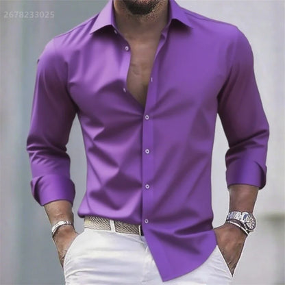 Solid Color Men's Casual White Shirt, Fashionable Casual Long Sleeve Stretch Fabric, Business Formal Shirt, Comfortable Fabric