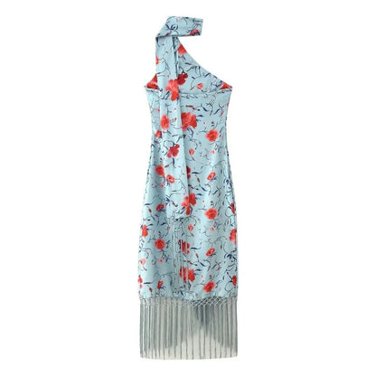 2026 Women Satin Floral Print Halter Neck Dress Fringe Trim Asymmetrical Hem Party Maxi Dress for Beach Vacation