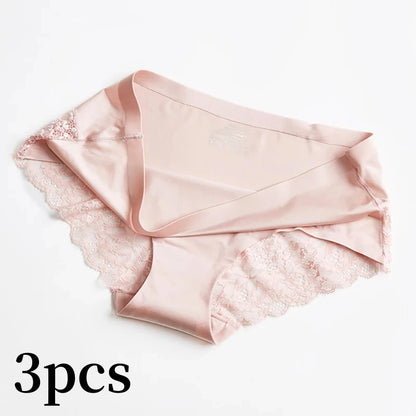 3pcs Lace Women's Panties French Seamless Underwear Female Ice Silk Briefs Solid Color Breathable Underpants Lingerie