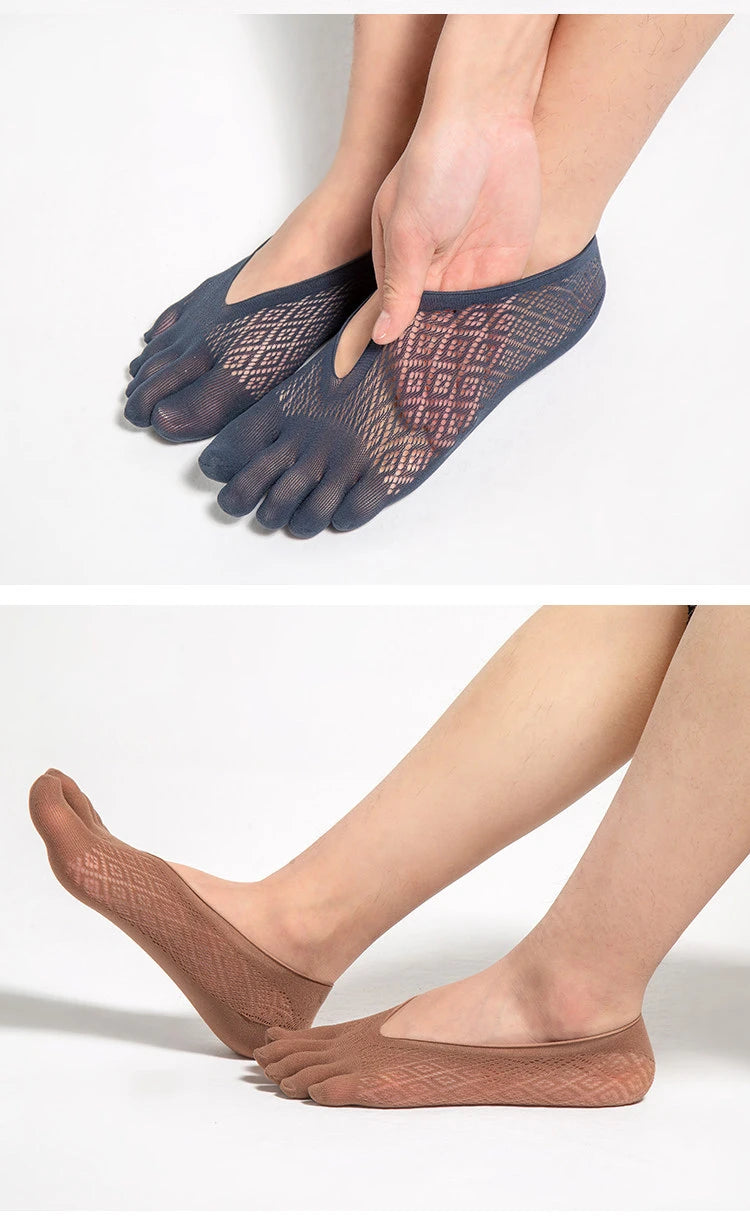 1/5 Pairs Summer Men's Invisible No Show Five Finger Socks Thin Velvet Non-Slip Mesh Breathable Elastic Solid Silk Soft