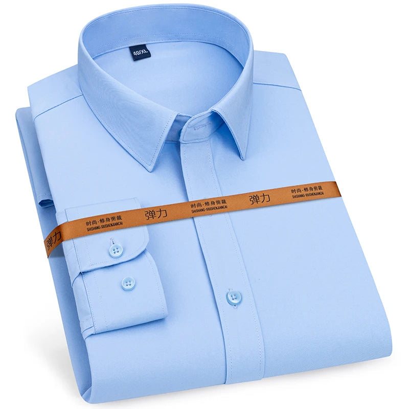 New Men's Solid Color Business Shirt Formal Fashion Thin Classic Basic Casual Slim White Long Sleeve Social Shirt Men Clothes
