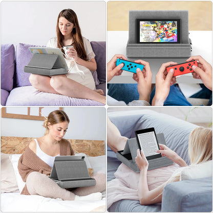 Upgraded Tablet Pillow Stand Multi-Angle Viewing Ipad Holder for Lap Bed and Desk Foldable Soft Pad Dock with Stylus Mount
