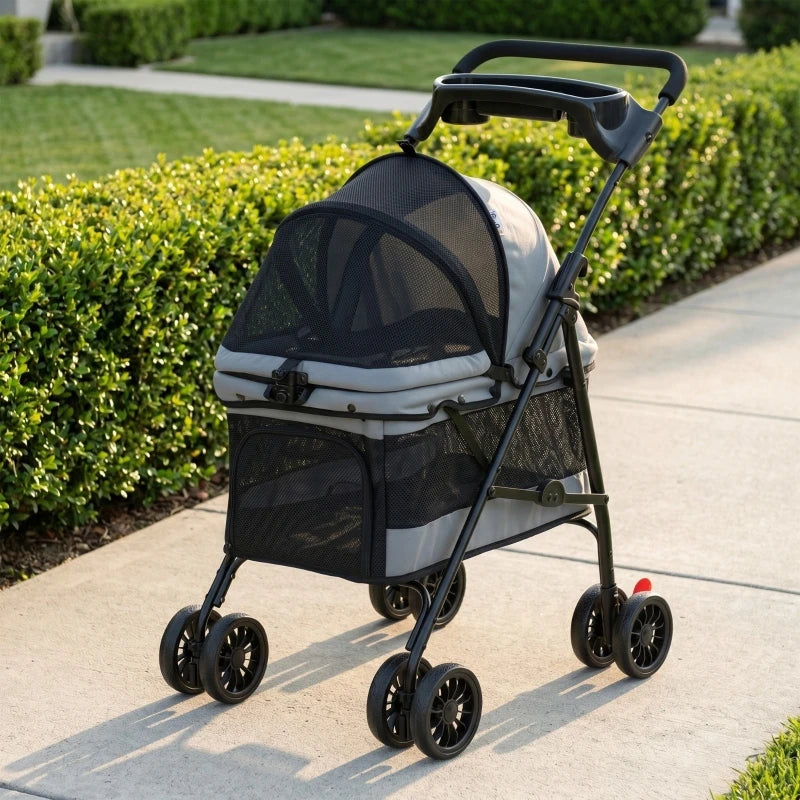 Foldable Pet Stroller for Small Dogs up to 10kg, Lightweight Dog Buggy with Mesh Windows, 360° Swivel Wheels, Brake, Removable Cushion, Cup Holder & Storage, Ideal for Travel, Gray