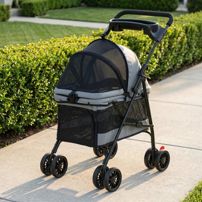 Foldable Pet Stroller for Small Dogs up to 10kg, Lightweight Dog Buggy with Mesh Windows, 360° Swivel Wheels, Brake, Removable Cushion, Cup Holder & Storage, Ideal for Travel, Gray