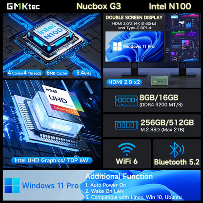 GMKtec G3 Mini PC Intel Alder Lake N100 Windows 11 Pro Desktop Computer 8/16GB RAM 256/512GB PCIe M.2 SSD WiFi 6 BT5.2 Mini PC