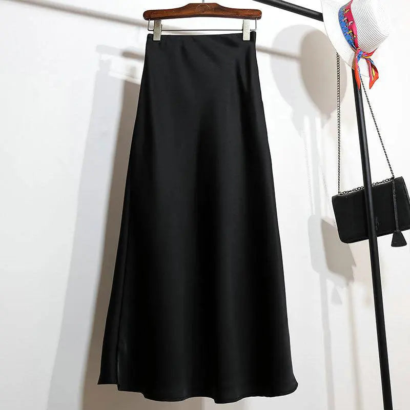 Botvotee Elegant Satin Long Skirt for Women Spring Summer 2025 Office Ladies Korean Style Loose Elastic Band Midi Skirts