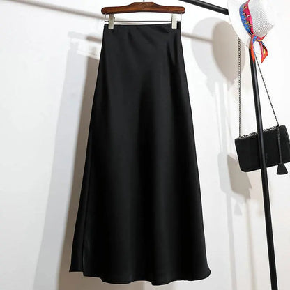 Botvotee Elegant Satin Long Skirt for Women Spring Summer 2025 Office Ladies Korean Style Loose Elastic Band Midi Skirts