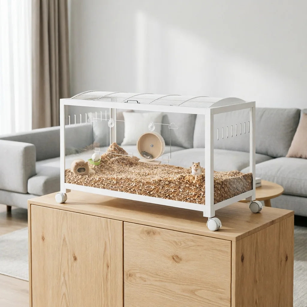 Large Hamster Cage - Metal Frame, Glass Bottom, Acrylic Sides - Chew-Proof Stackable Small Animal Habitat Box with Wheels and Door for Hamsters Gerbils Rats & Small Pets