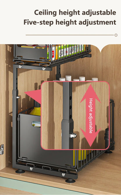 2 Tier Pull Out Cabinet Organizer Adjustable Under Sink Storage Rack Slide Out Drawer Kitchen Spice Jar Storage Shelf