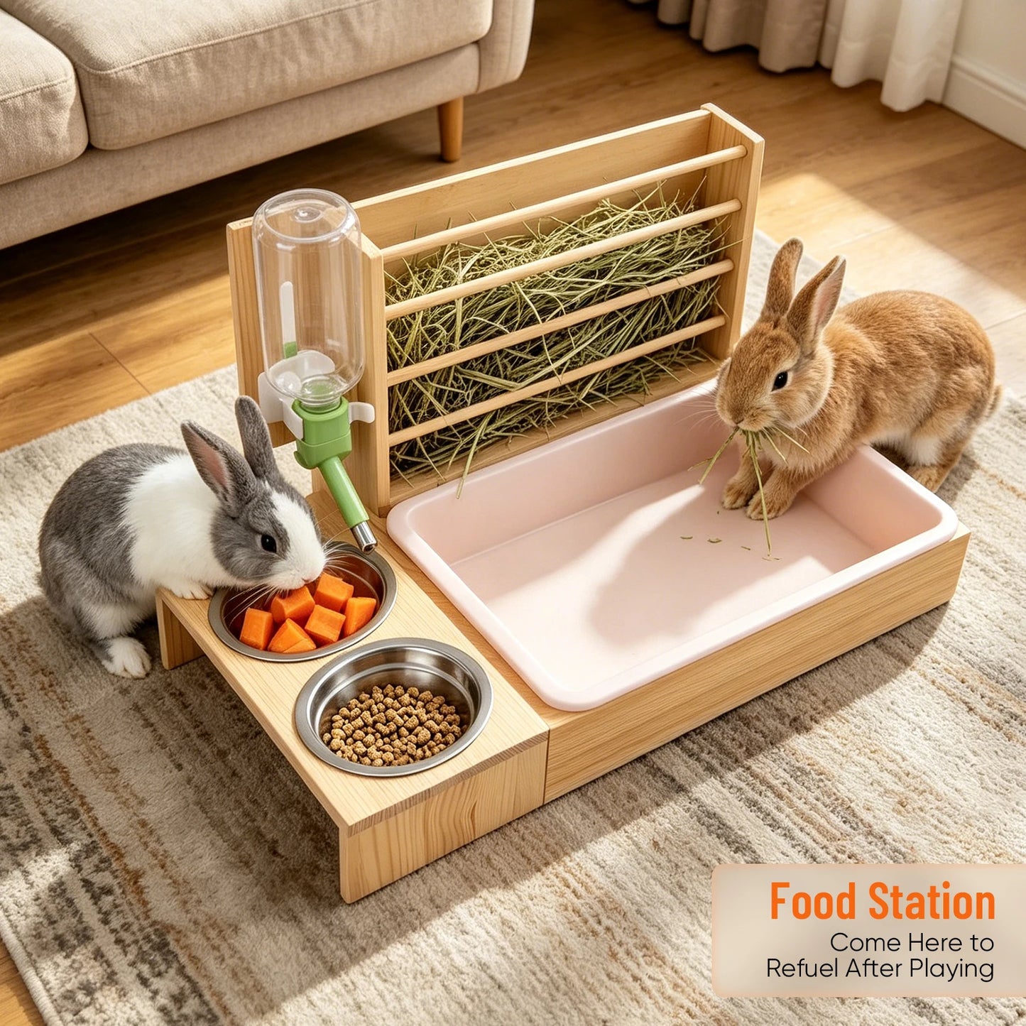 4-in-1 Hay Grater For Rabbits, Feeding Station Removable Hay Distributor For Guinea Pigs With Litter Tray, 2 Trays And Bottle Wood Feeder For Small Animals