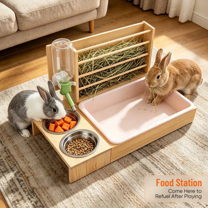 4-in-1 Hay Grater For Rabbits, Feeding Station Removable Hay Distributor For Guinea Pigs With Litter Tray, 2 Trays And Bottle Wood Feeder For Small Animals