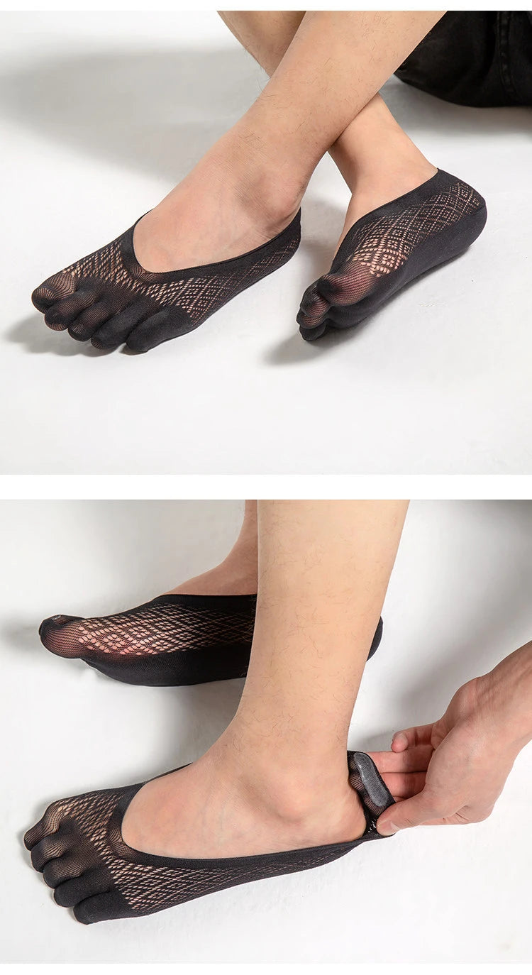 1/5 Pairs Summer Men's Invisible No Show Five Finger Socks Thin Velvet Non-Slip Mesh Breathable Elastic Solid Silk Soft