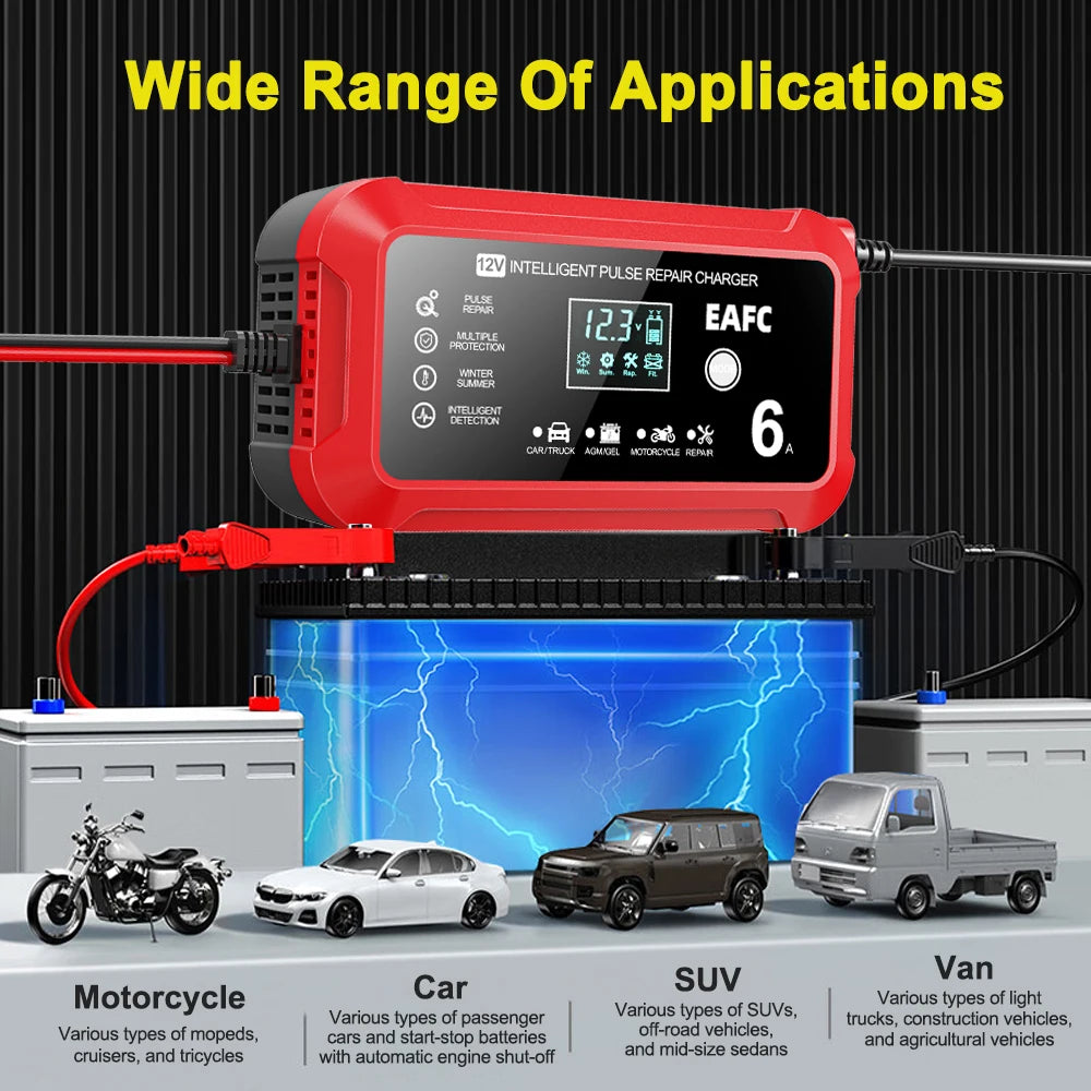 Car Battery Charger 6A 12V Car and Motorcycle Battery Charging Device Lead-acid Battery Smart Repair LCD Display