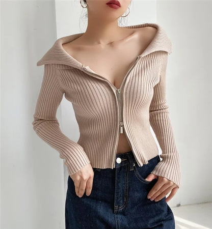 LUNDUNSHIJIA 2026 New Autumn Women Elegant Thickened Zipper Sweaters For Women Rose Red Fashion Short Female Cardigan 4 Colors