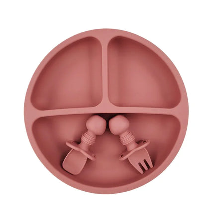 BPA Free Silicone Baby Plate with Spoon Fork Bibs Children Dishes Safe Baby Dining Plate with Suction Smile Face Plates for Kids