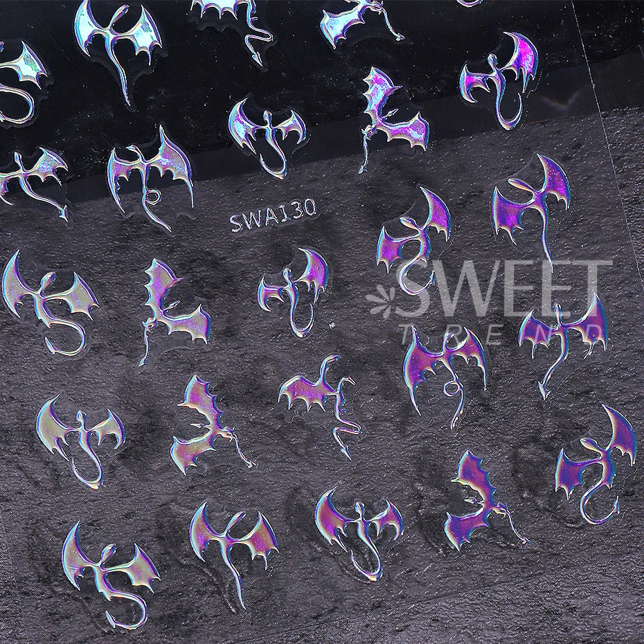 3pcs Metallic Flying Dragon Nails Stickers Gold Silver Laser Flying Devil Bat Design Nail Decals DIY Halloween Manicure Decor