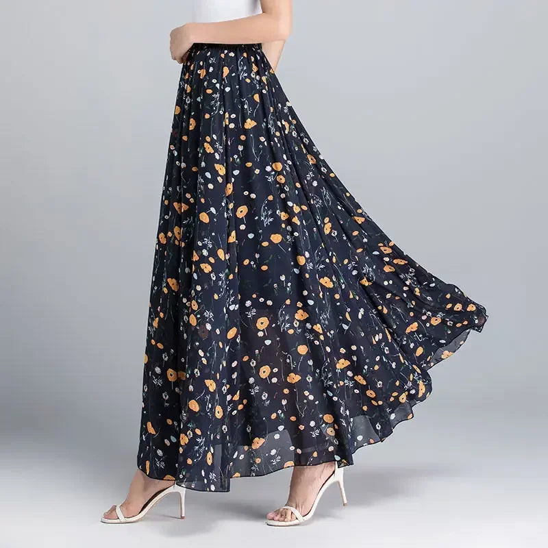 PTKPCC New Chiffon Floral Maxi Summer Skirt Women Long High Waist Holiday Dance Skirt Elegant Beach Boho Hot Sale  Skirts