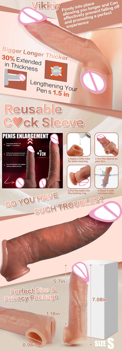 Realistic Super Huge Penis Sleeve Big Growth Penis Delayed Ejection Extend Penis Reusable Enlarger Silicone Condom Male Sex Toy