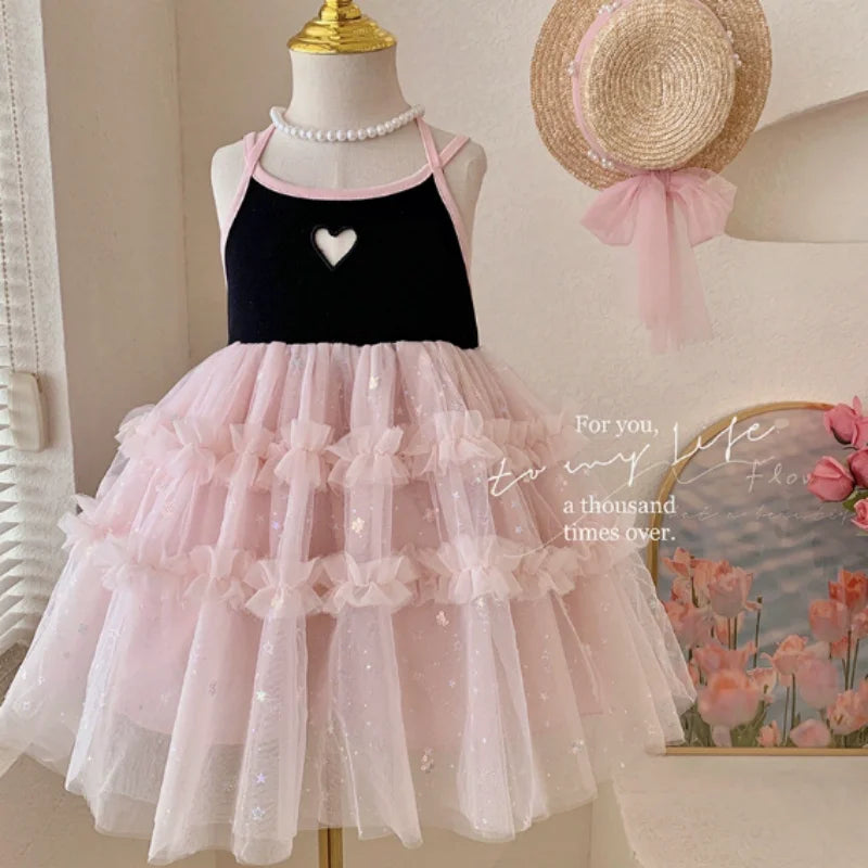 Girls 2024 Summer New Bow Dress Baby Girl Sleeveless Black Pink Princess Dress Toddler Girl Sweet Cute Clothes