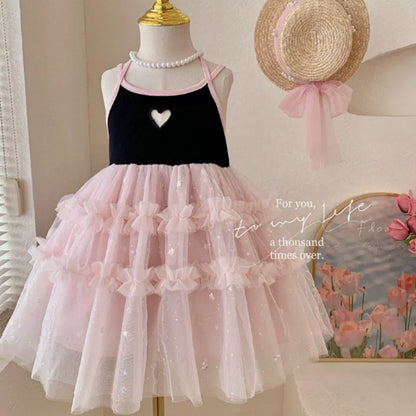 Girls 2024 Summer New Bow Dress Baby Girl Sleeveless Black Pink Princess Dress Toddler Girl Sweet Cute Clothes