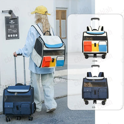 2-in-1 Rolling Pet Carrier Backpack with Wheels, Large Foldable Travel Bag for Dogs and Cats, Ventilated Backpack Carrier
