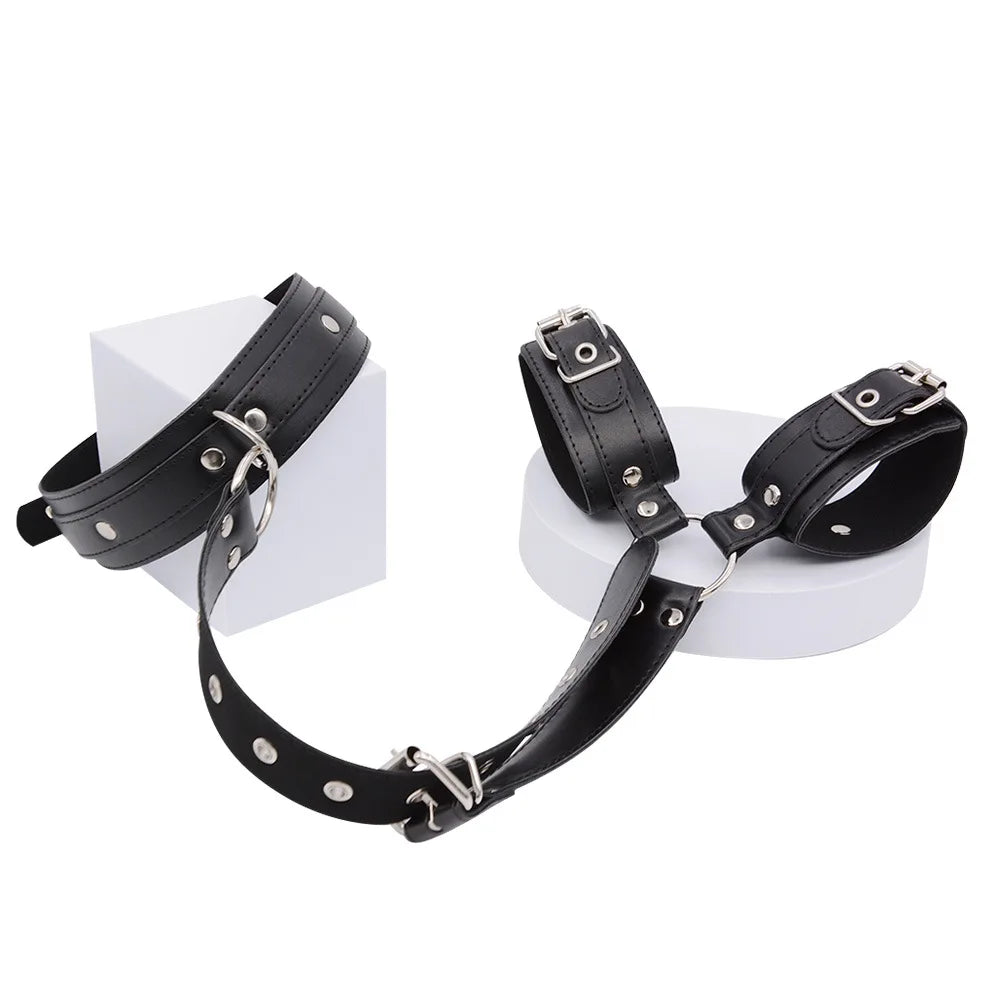 Bondage Restraint Kit Adjustable Collar & Wrist Cuffs Durable PU Leather Fetish Play Set for Adult Couples