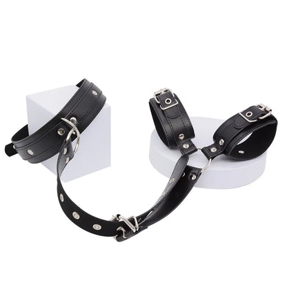 Bondage Restraint Kit Adjustable Collar & Wrist Cuffs Durable PU Leather Fetish Play Set for Adult Couples
