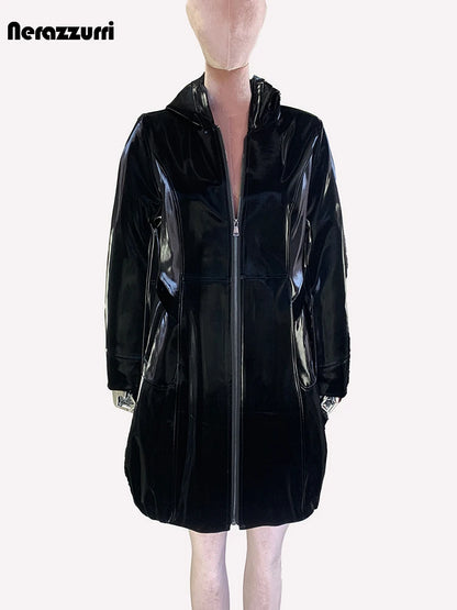 Nerazzurri Spring Fitted Waterproof Shiny Reflective Black Patent Faux Leather Jacket Women with Hood Zipper Red Autumn Clothes