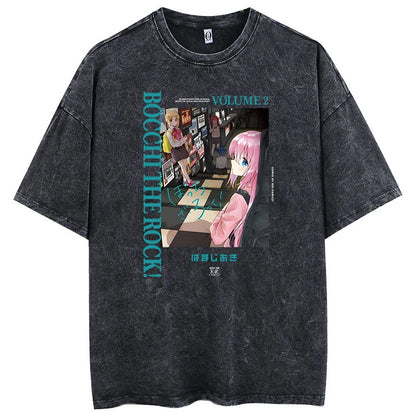 Men Oversized Printed Tshirts Bocchi Club Music Band Anime Bocchi The Rock Cotton Tops Creative Crew Neck Tees Washed TShirt