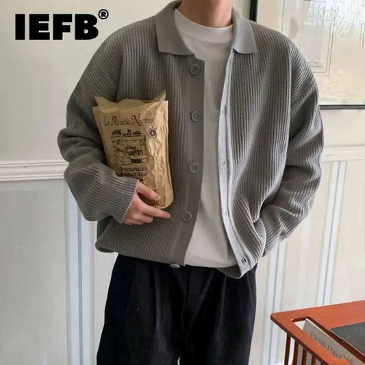 IEFB Korean Style Men's Knit Cardigan Coat Solid Color Turn-Down Collar Autumn Sweater Fashion Casual Single Breasted Top 9C2393