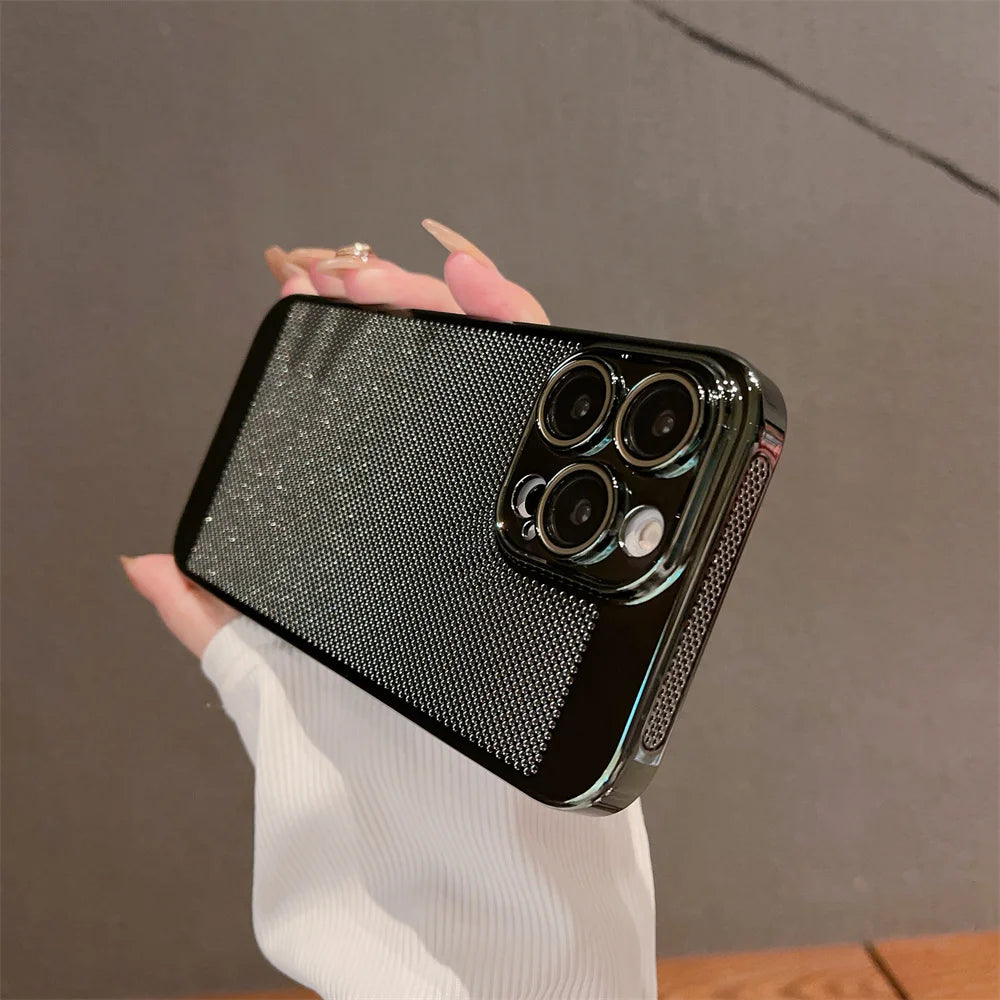 Luxury Plating Hollowed Out Case for iPhone 17 Pro 16 15 14 Pro Max Plus 13 12 Mini 11 17Air Heat Dissipation Shockproof Cover