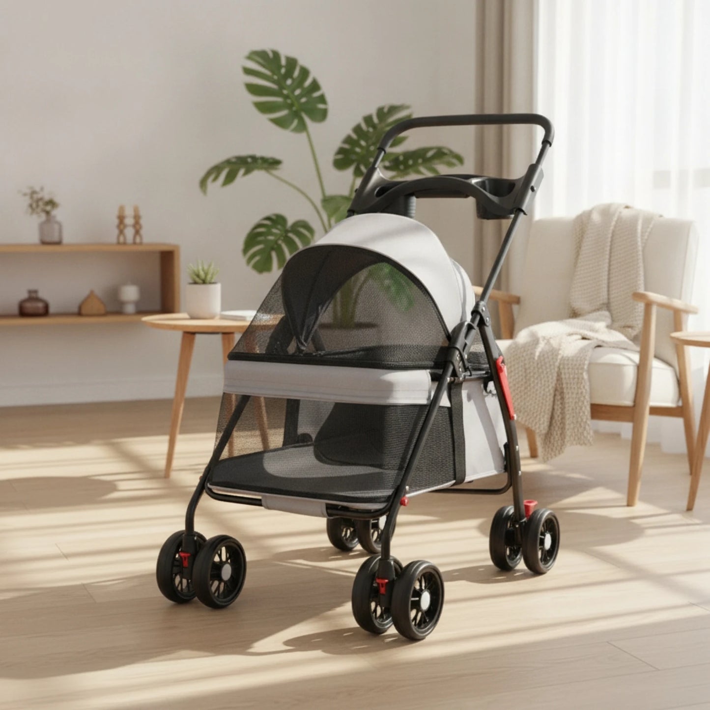 Pet Stroller with Storage Basket 4-Wheel Foldable Pet Stroller Collapsible Breathable for Small Dogs, Outdoor Walks, Travel