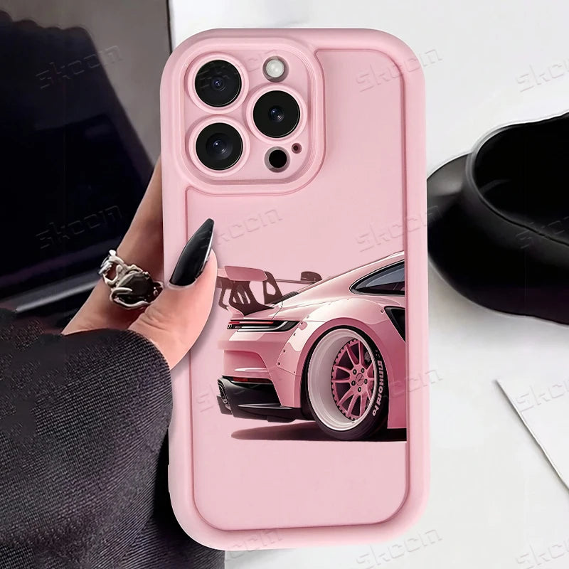 Fashion Pink Car Pattern Silicone Phone Case For iPhone 17 16 15 14 13 12 11 Pro Max 17 Air XS XR 7 8 Plus 16e Shockproof Cover