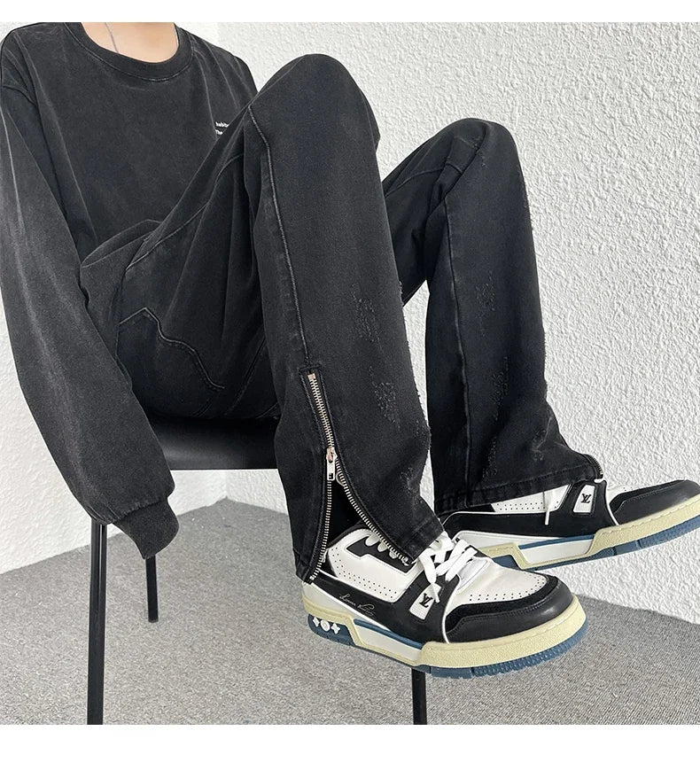 2024 Spring Autumn Korean Men Fashionable Retro Street Jeans Zip Design on Trouser Legs Straight-leg Denim Pants Men's Clothing