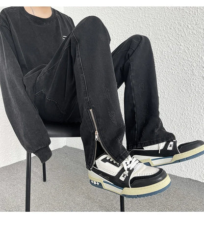 2024 Spring Autumn Korean Men Fashionable Retro Street Jeans Zip Design on Trouser Legs Straight-leg Denim Pants Men's Clothing