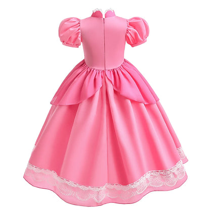 Peach Princess Costume with LED Color Light Toddler Birthday Game Role Play Dress Girl Halloween Festival Gown Pink Lace 4-8 Y