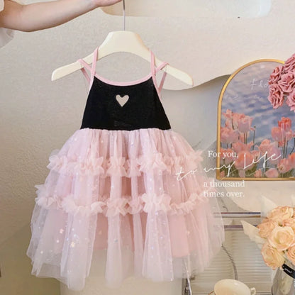 Girls 2024 Summer New Bow Dress Baby Girl Sleeveless Black Pink Princess Dress Toddler Girl Sweet Cute Clothes