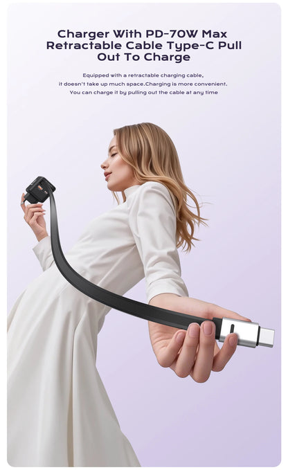 70W GaN Fast Charger with Type-C Retractable Cable 3 IN 1 PD3.0 QC4.0 PPS Fast Charging for IPhone 16 15 14 Xiaomi Tablet Laptop