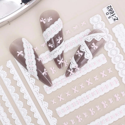 Sweet Bowknot Black Lace Heart Nail Stickers 3D Self Adhesive Nail Art Stickers Japanese Cool Girls Manicure Decorations Decals