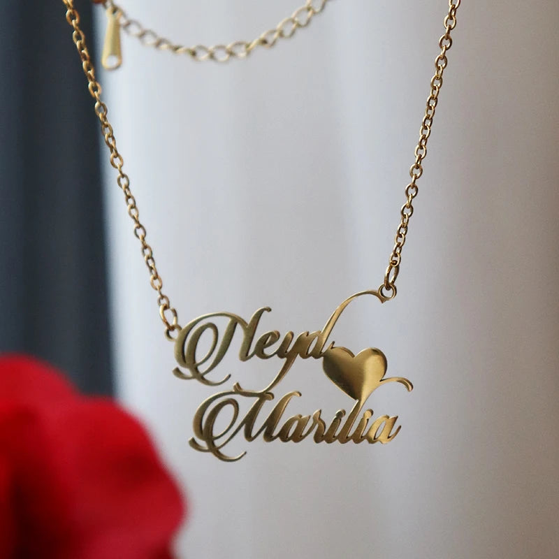 Personalized Two Name Necklaces With Heart Stainless Steel Custom Letter Couple Necklace Choker  Stainless Steel Wedding Gift