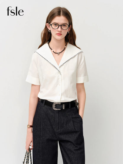 FSLE 2026 Summer Women's Sailor Collar Shell Embroidered Short Sleeve Shirt Preppy Button Down Blouse for Rebellious Prep Style