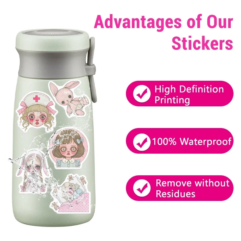 50PCS Pink Creepy Girl Stickers Gothic Horror Decals Bizarre Graffiti Art for DIY Decoration