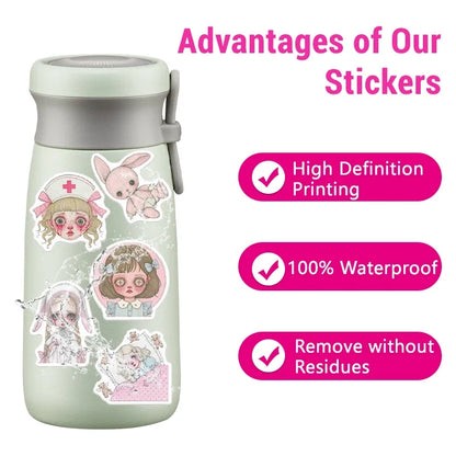 50PCS Pink Creepy Girl Stickers Gothic Horror Decals Bizarre Graffiti Art for DIY Decoration